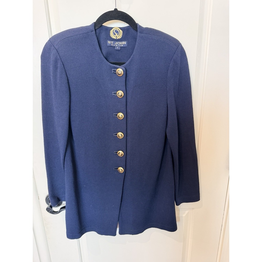 St John Basics Santana Knit Jacket‎ P Navy Gold Buttons Career Blazer USA